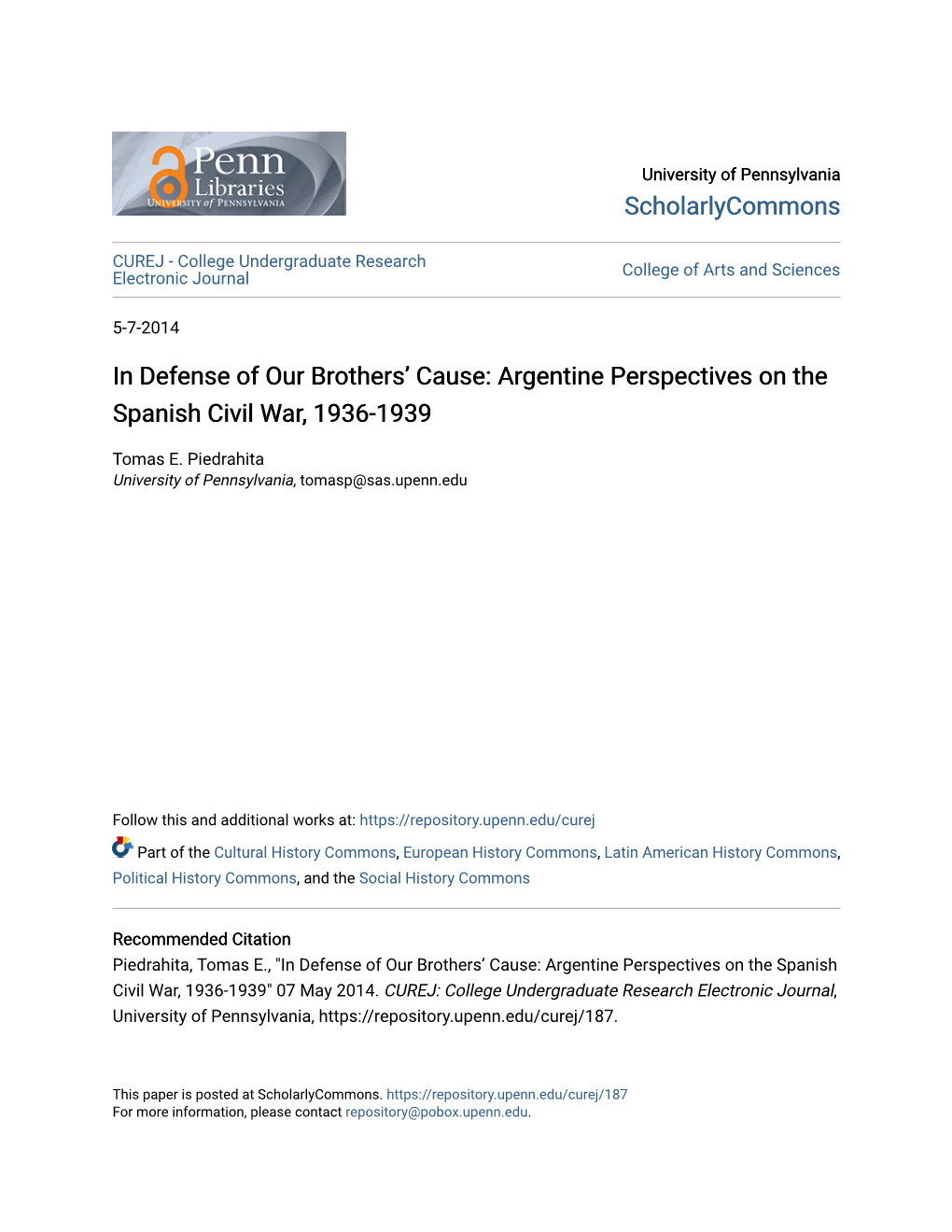 Argentine Perspectives on the Spanish Civil War, 1936-1939