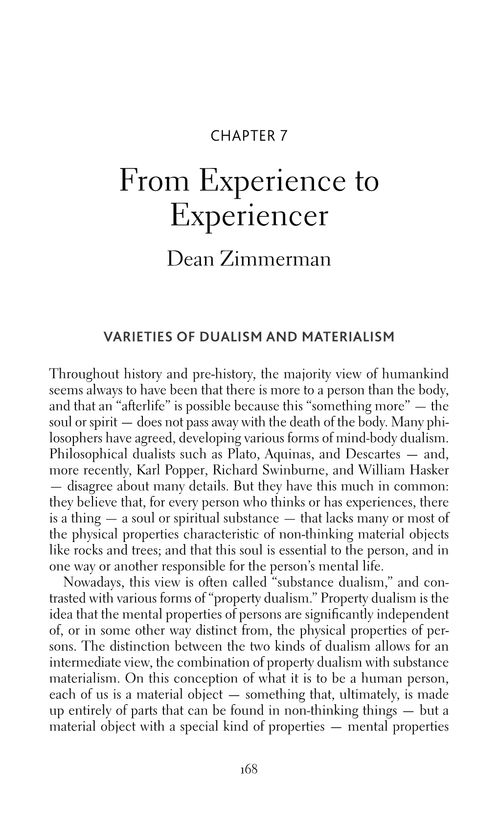 From Experience to Experiencer Dean Zimmerman