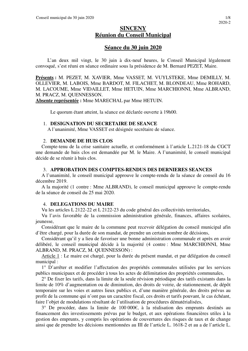 SINCENY Réunion Du Conseil Municipal Séance Du 30 Juin 2020