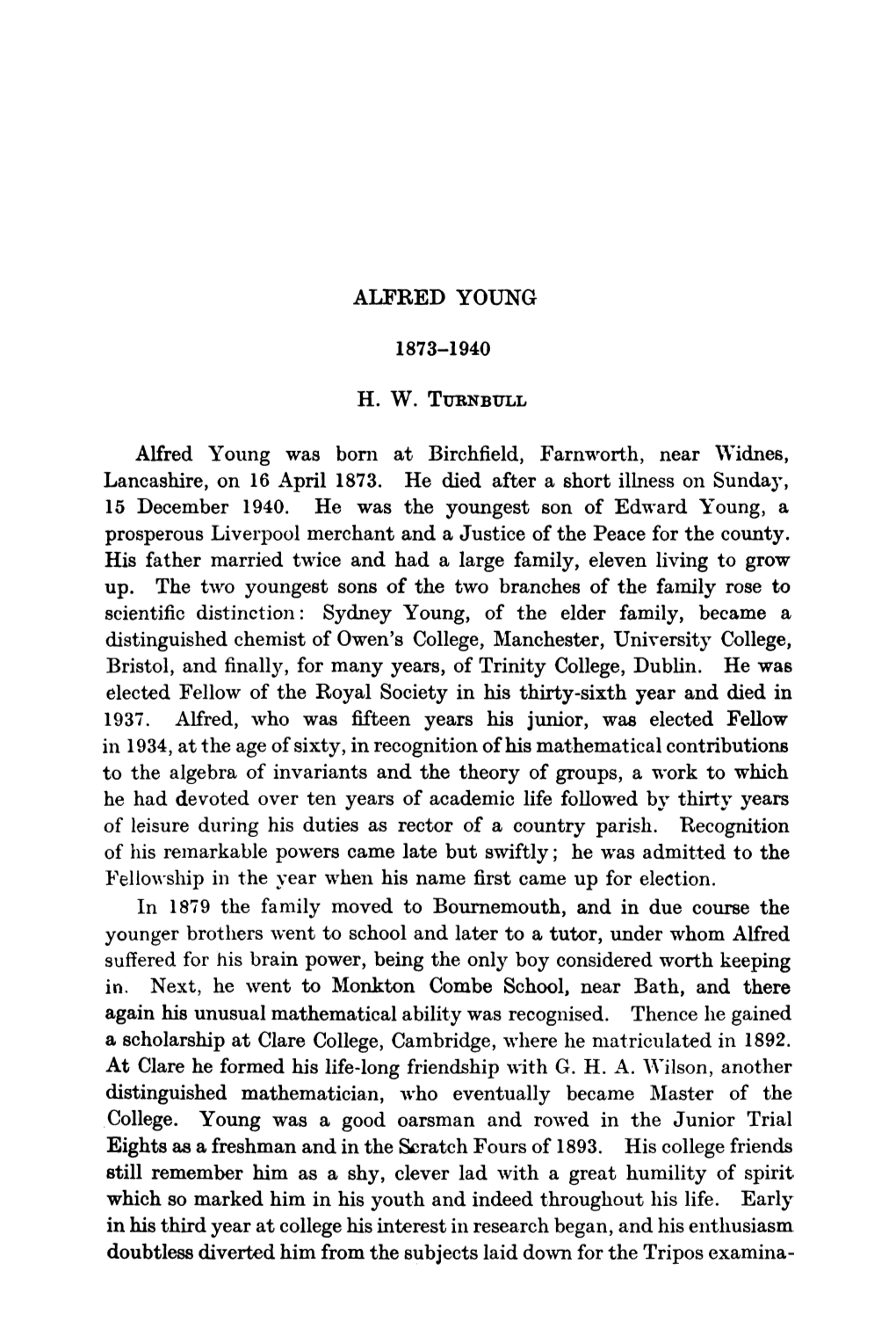 ALFRED YOUNG 1873-1940 H. W. Alfred Young Was Bom at Birchfield