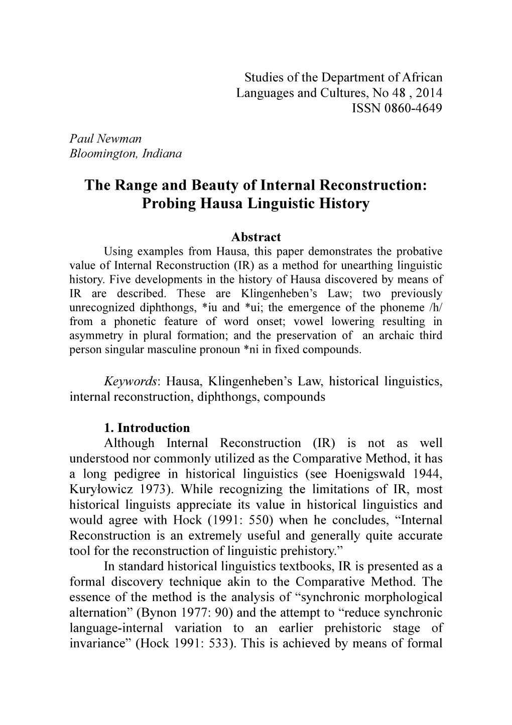 The Range and Beauty of Internal Reconstruction: Probing Hausa Linguistic History