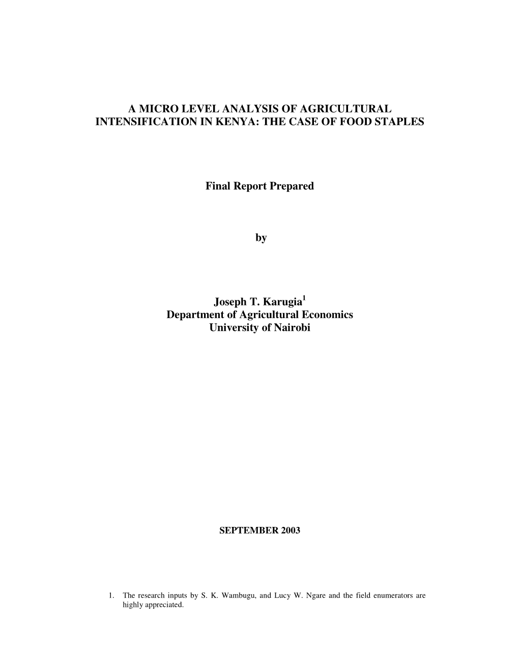 A Micro Level Analysis of Agricultural Intensification in Kenya: the Case of Food Staples