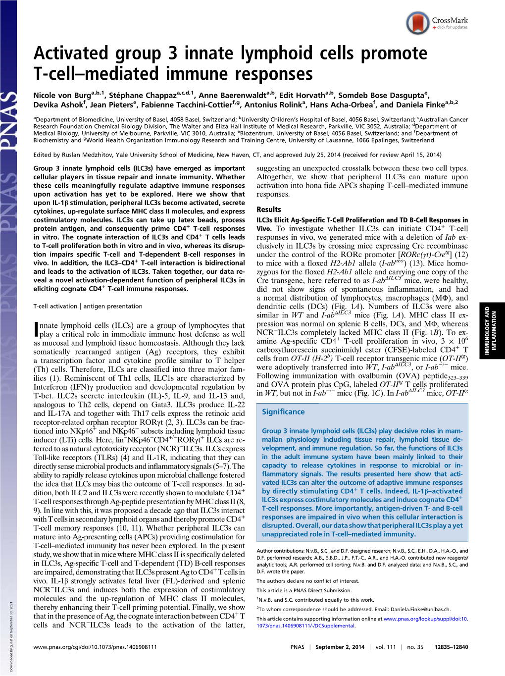 Activated Group 3 Innate Lymphoid Cells Promote T-Cell–Mediated Immune Responses