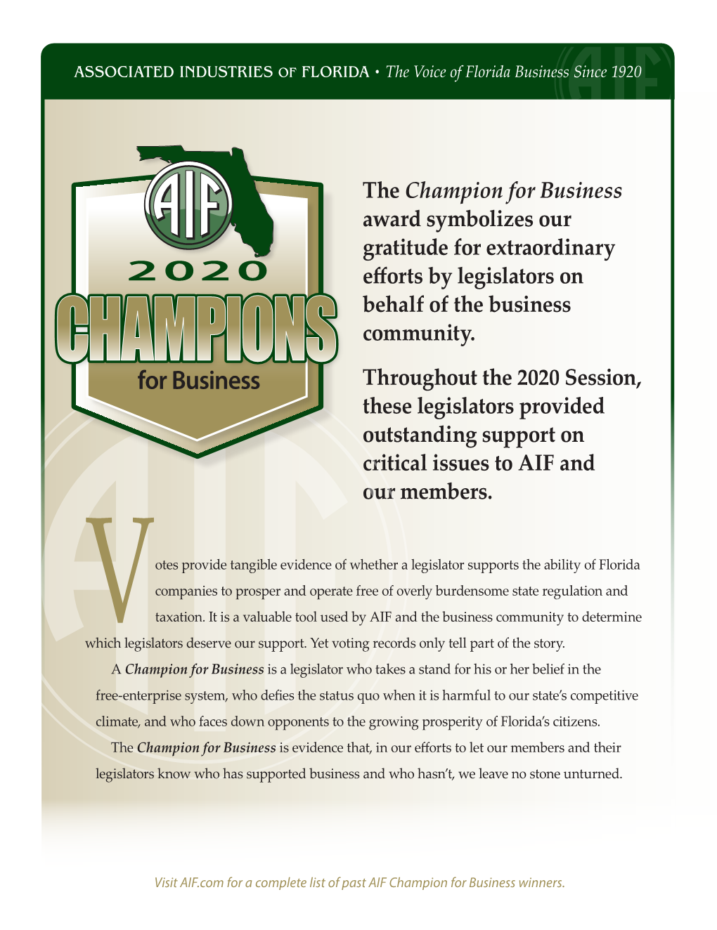 2020 Efforts by Legislators on Behalf of the Business Community