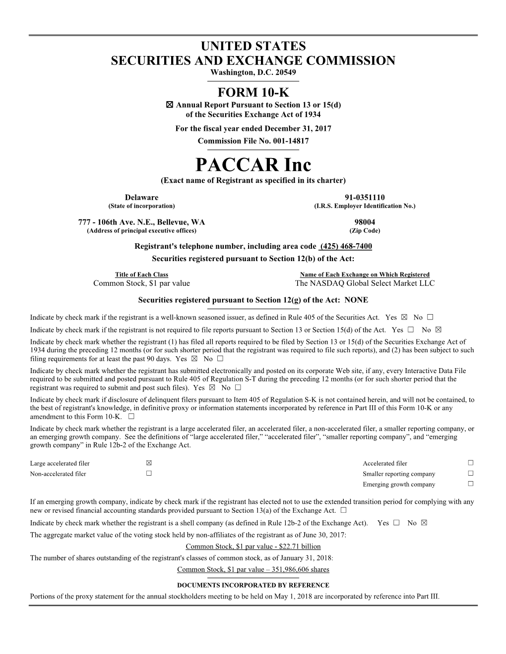 PACCAR Inc (Exact Name of Registrant As Specified in Its Charter)