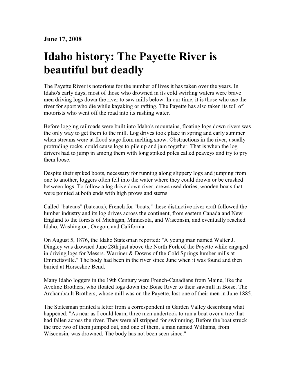 Idaho History: the Payette River Is Beautiful but Deadly