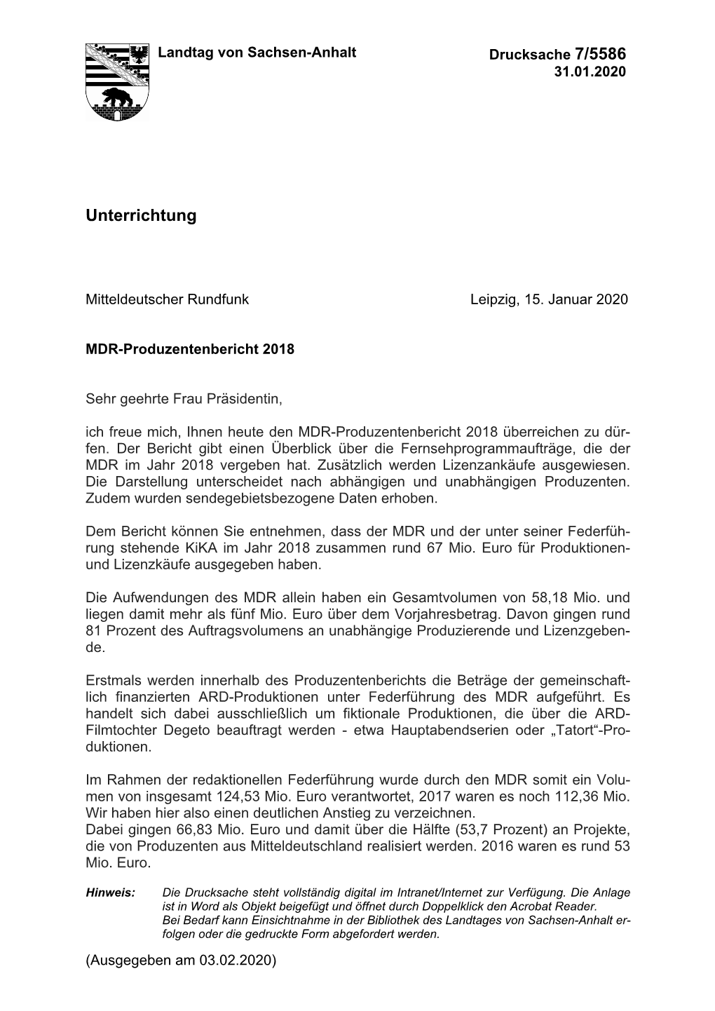 MDR-Produzentenbericht 2018 Drucksache 7/5586 Unterrichtung Dieser Link Führt Zu Einem