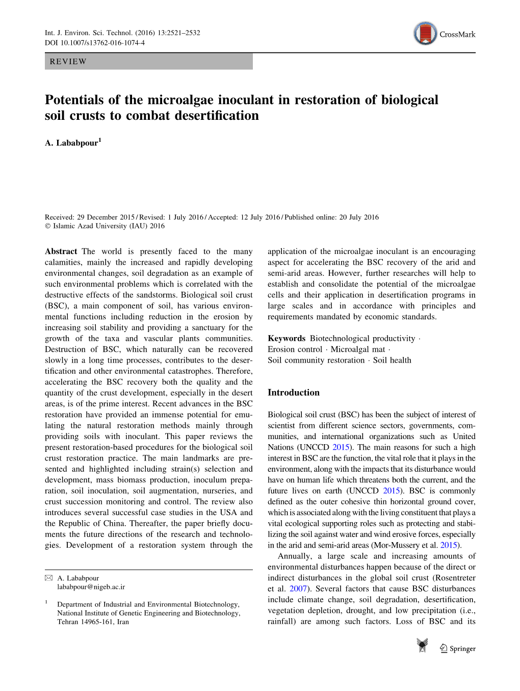 Potentials of the Microalgae Inoculant in Restoration of Biological Soil Crusts to Combat Desertiﬁcation