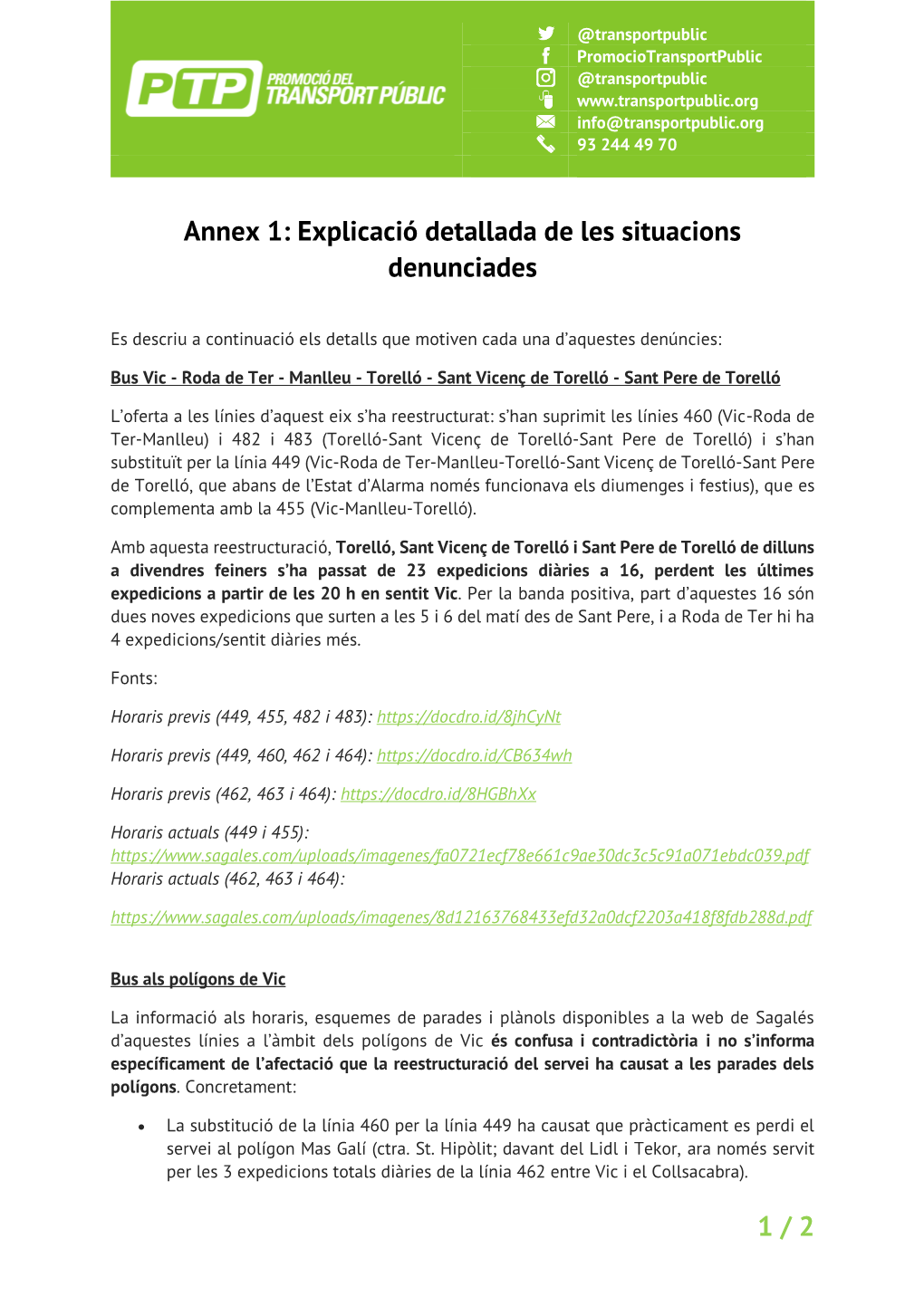 1 / 2 Annex 1: Explicació Detallada De Les Situacions Denunciades