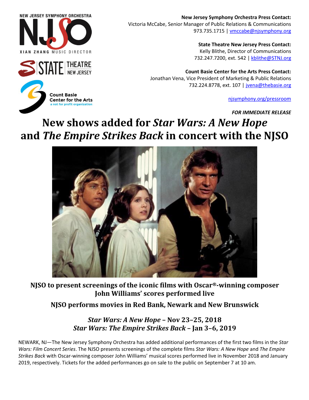 New Shows Added for Star Wars: a New Hope and the Empire Strikes Back in Concert with the NJSO
