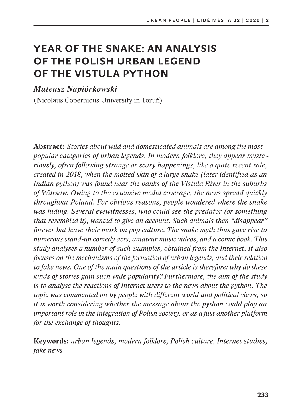 AN ANALYSIS of the POLISH URBAN LEGEND of the VISTULA PYTHON Mateusz Napiórkowski (Nicolaus Copernicus University in Toruń)