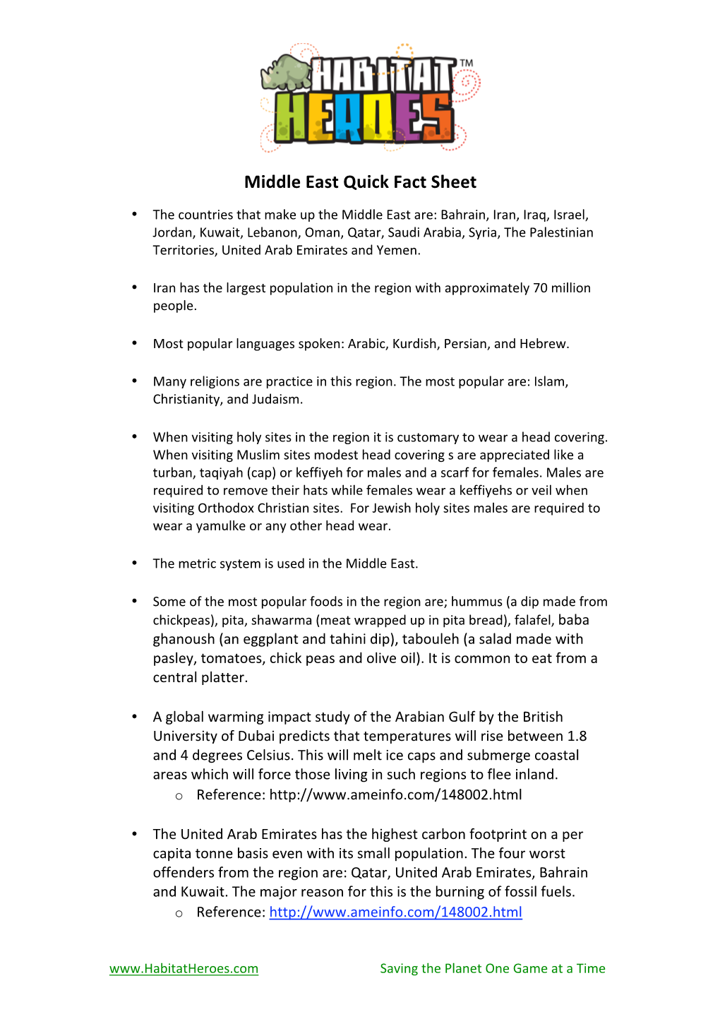 Middle East Quick Fact Sheet