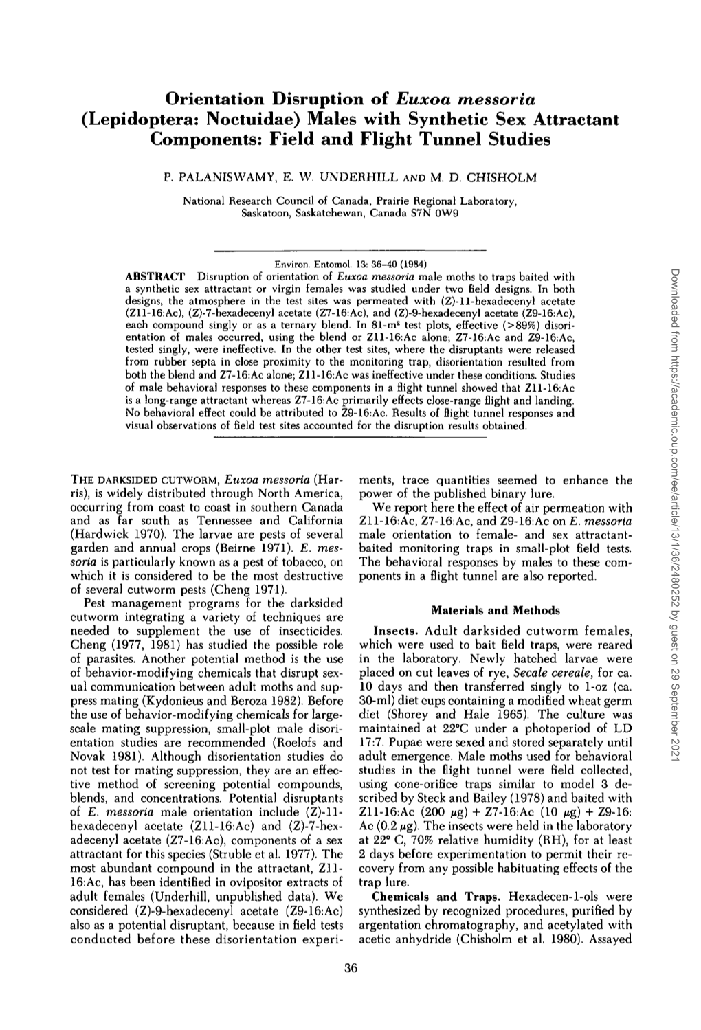 Orientation Disruption of Euxoa Messoria (Lepidoptera: Noctuidae) Males with Synthetic Sex Attractant Components: Field and Flight Tunnel Studies