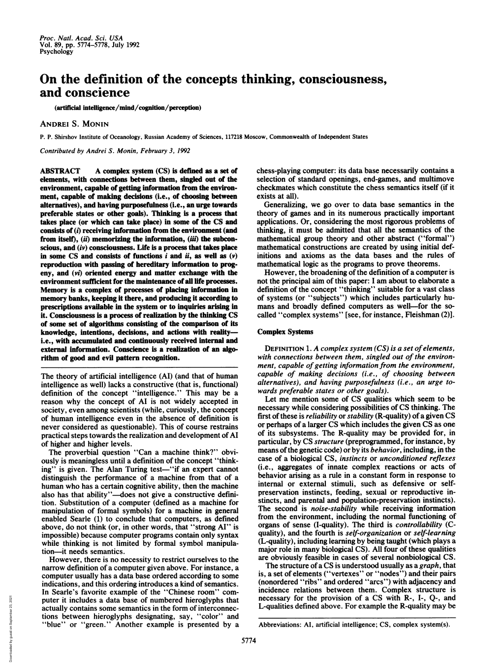 On the Definition of the Concepts Thinking, Consciousness, and Conscience (Artificial Intelligence/Mind/Cognltion/Perception) ANDREI S