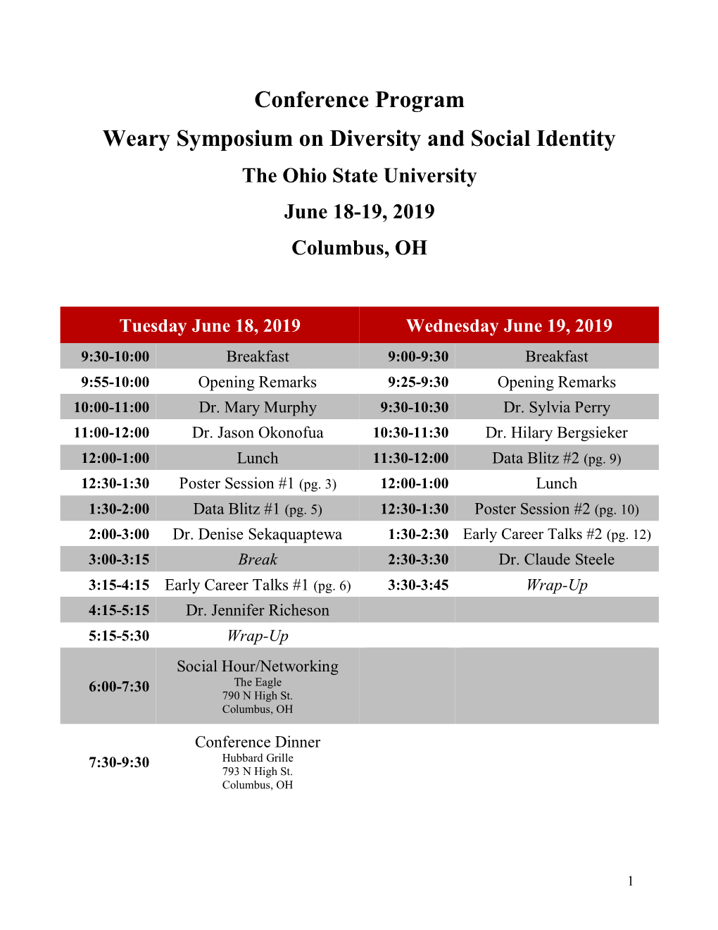 Conference Program Weary Symposium on Diversity and Social Identity the Ohio State University June 18-19, 2019 Columbus, OH