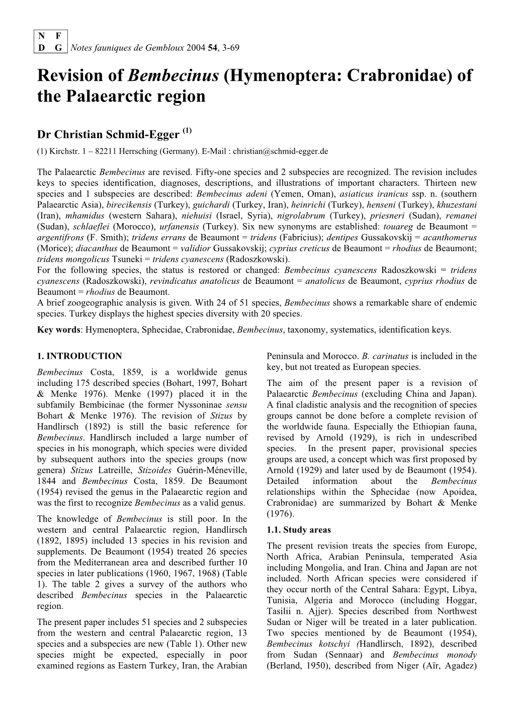 Revision of Bembecinus (Hymenoptera: Crabronidae) of the Palaearctic Region