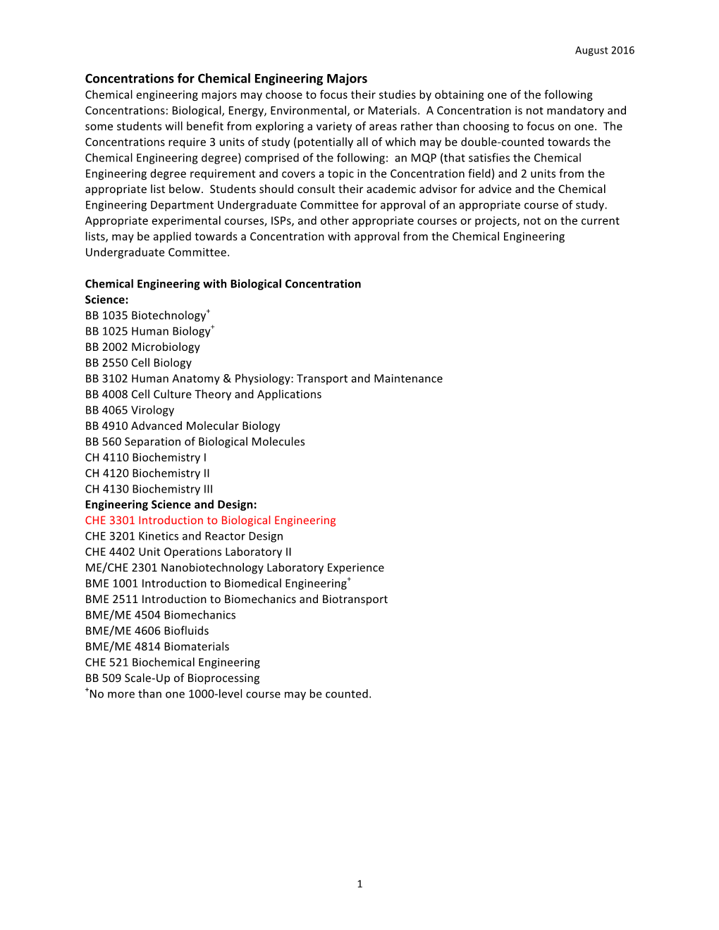 Concentrations for Chemical Engineering Majors