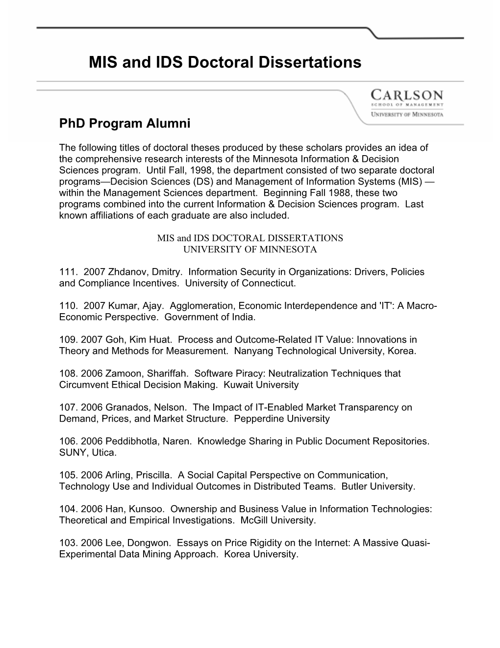 MIS and IDS Doctoral Dissertations