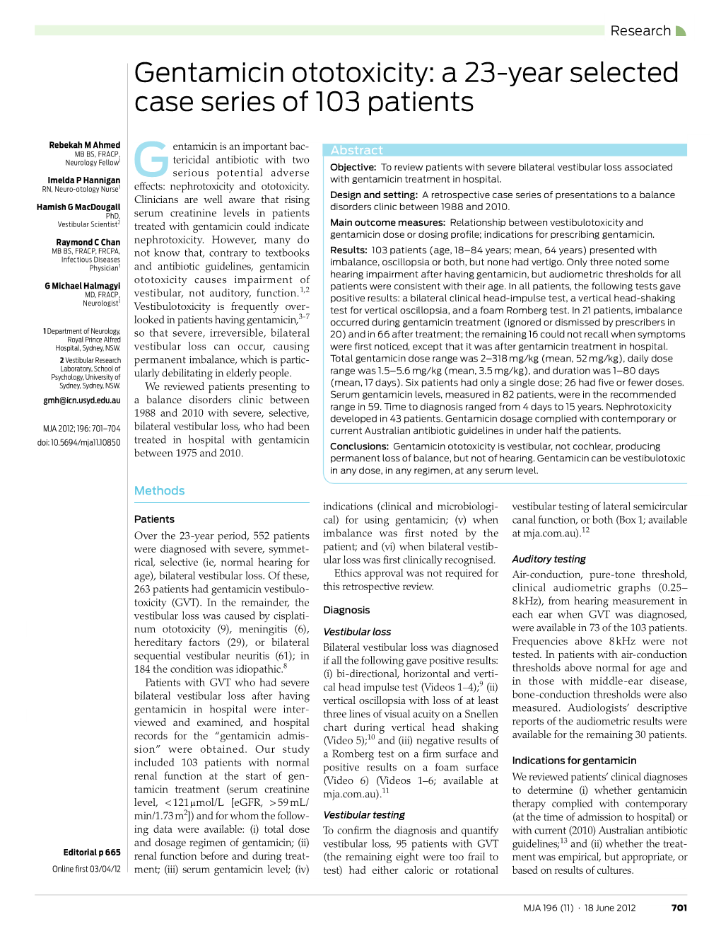 Gentamicin Ototoxicity: a 23-Year Selected Case Series of 103 Patients