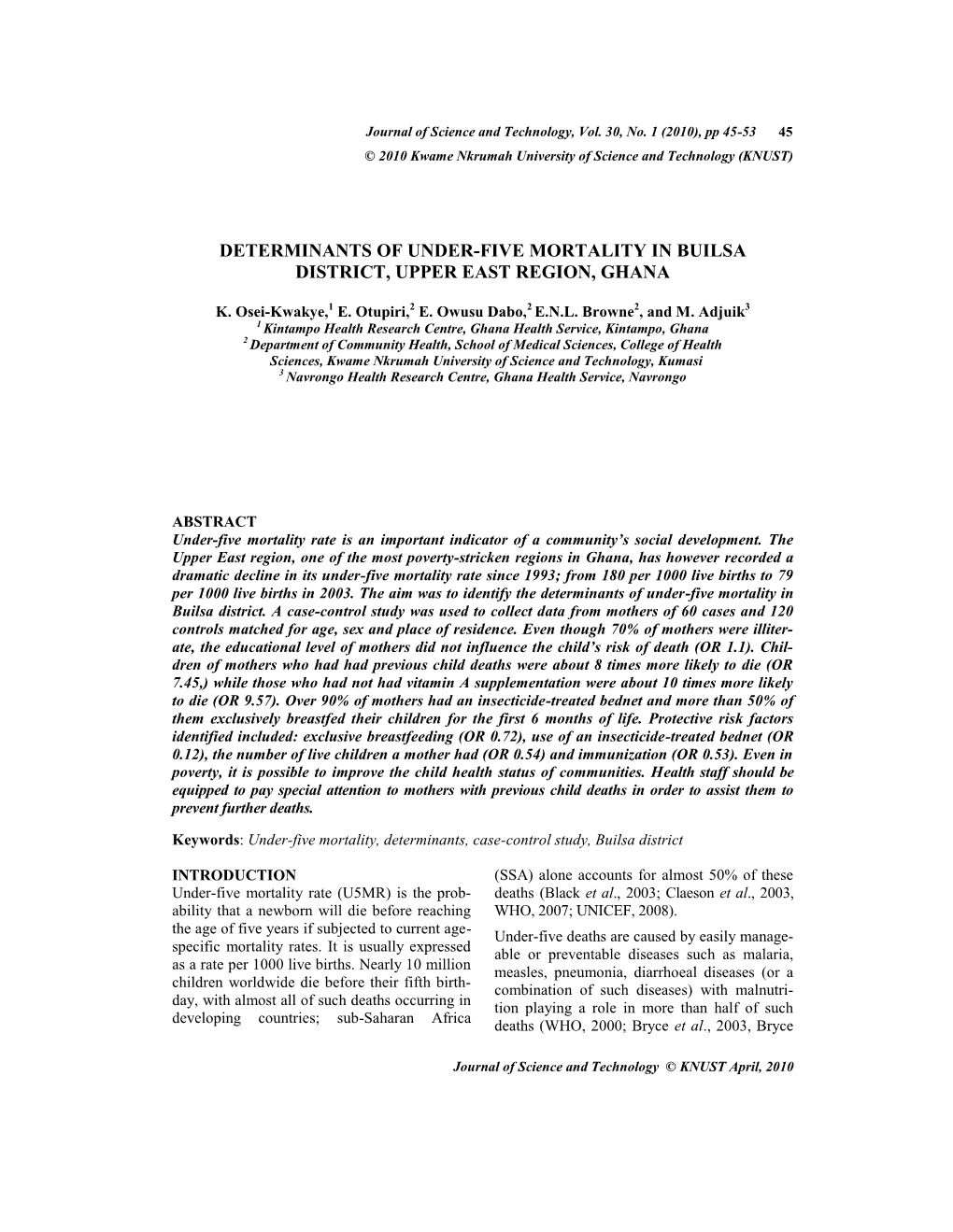 Determinants of Under-Five Mortality in Builsa District, Upper East Region, Ghana