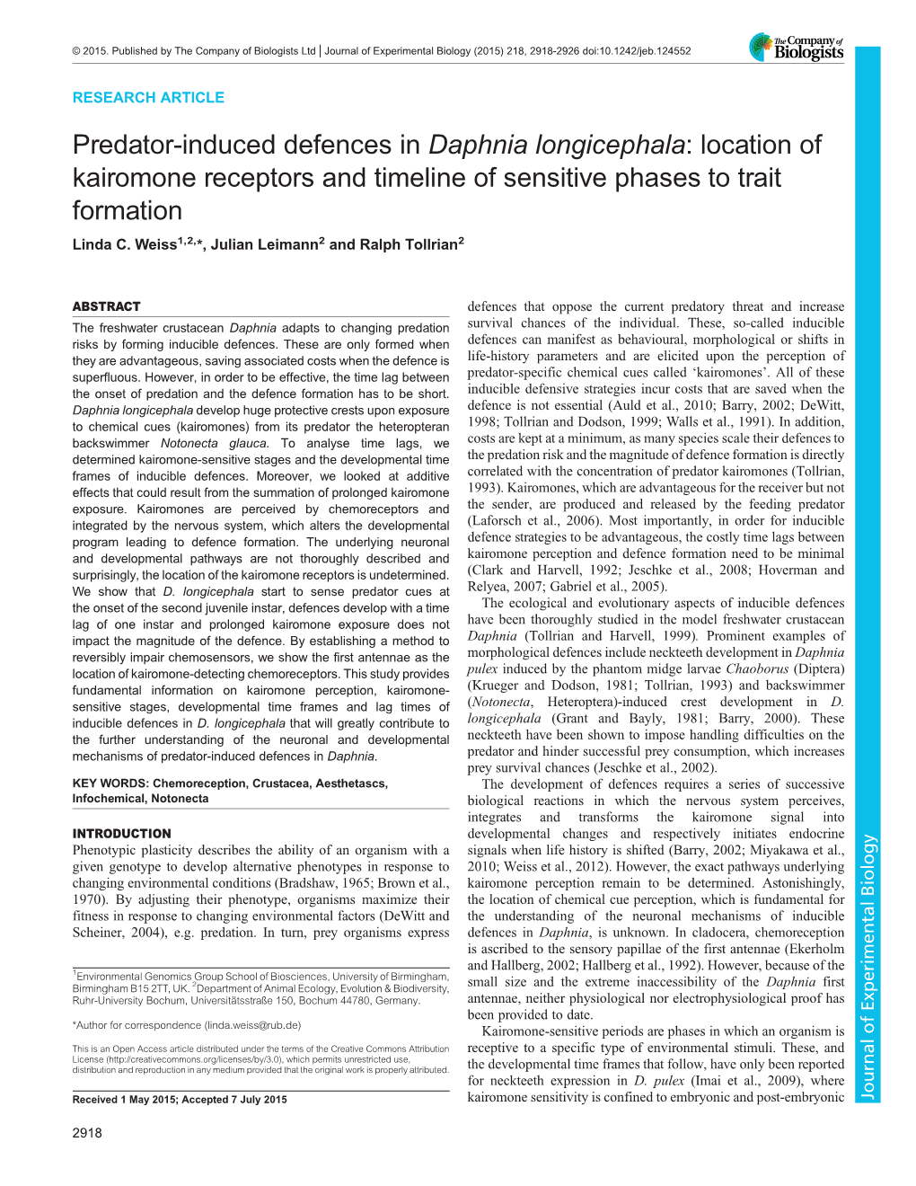 Predator-Induced Defences in Daphnia Longicephala: Location of Kairomone Receptors and Timeline of Sensitive Phases to Trait Formation Linda C