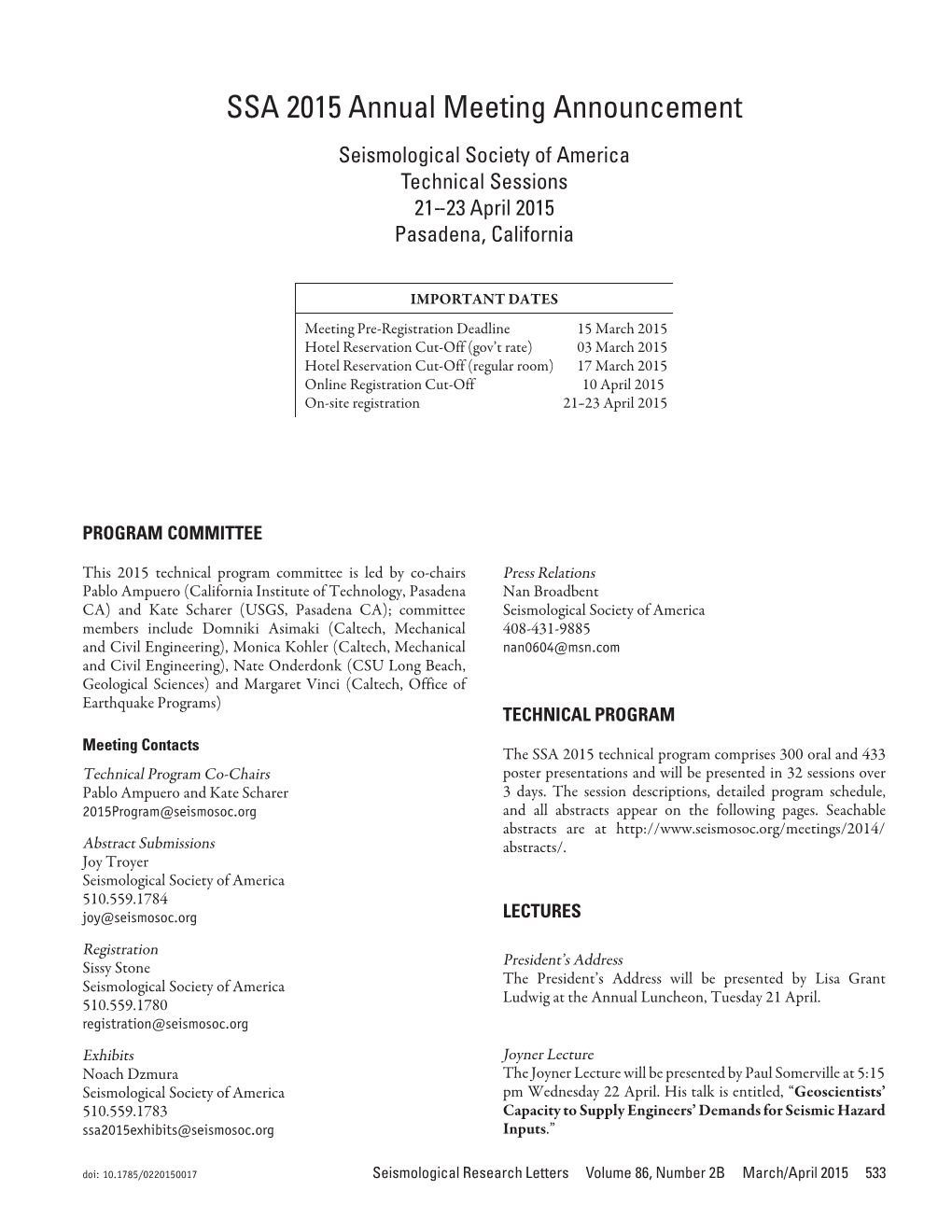 SSA 2015 Annual Meeting Announcement Seismological Society of America Technical Sessions 21--23 April 2015 Pasadena, California