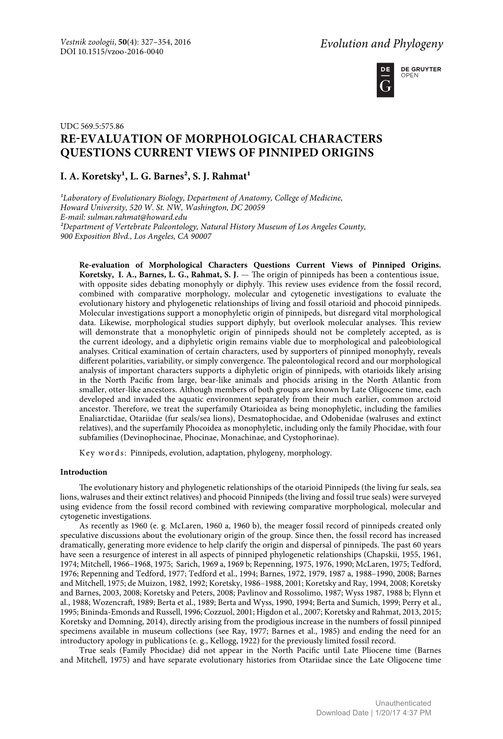 Re-Evaluation of Morphological Characters Questions Current Views of Pinniped Origins