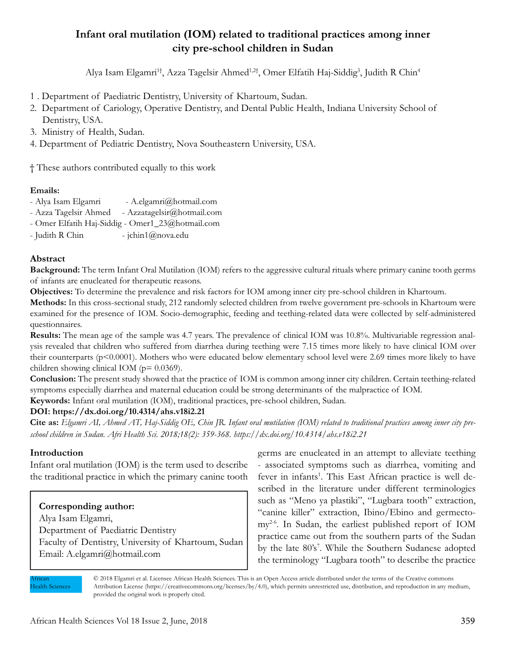 Infant Oral Mutilation (IOM) Related to Traditional Practices Among Inner City Pre-School Children in Sudan