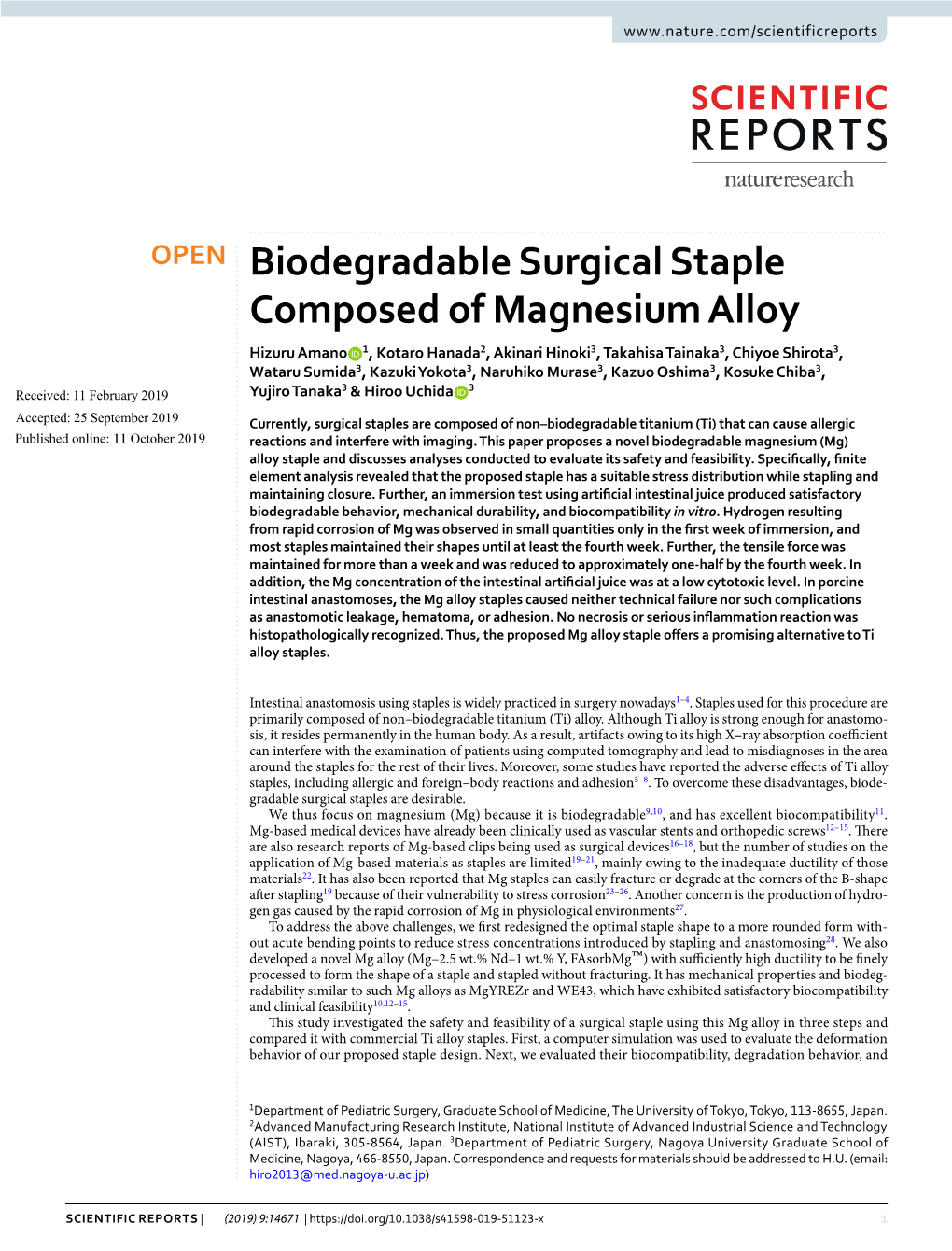 Biodegradable Surgical Staple Composed of Magnesium Alloy