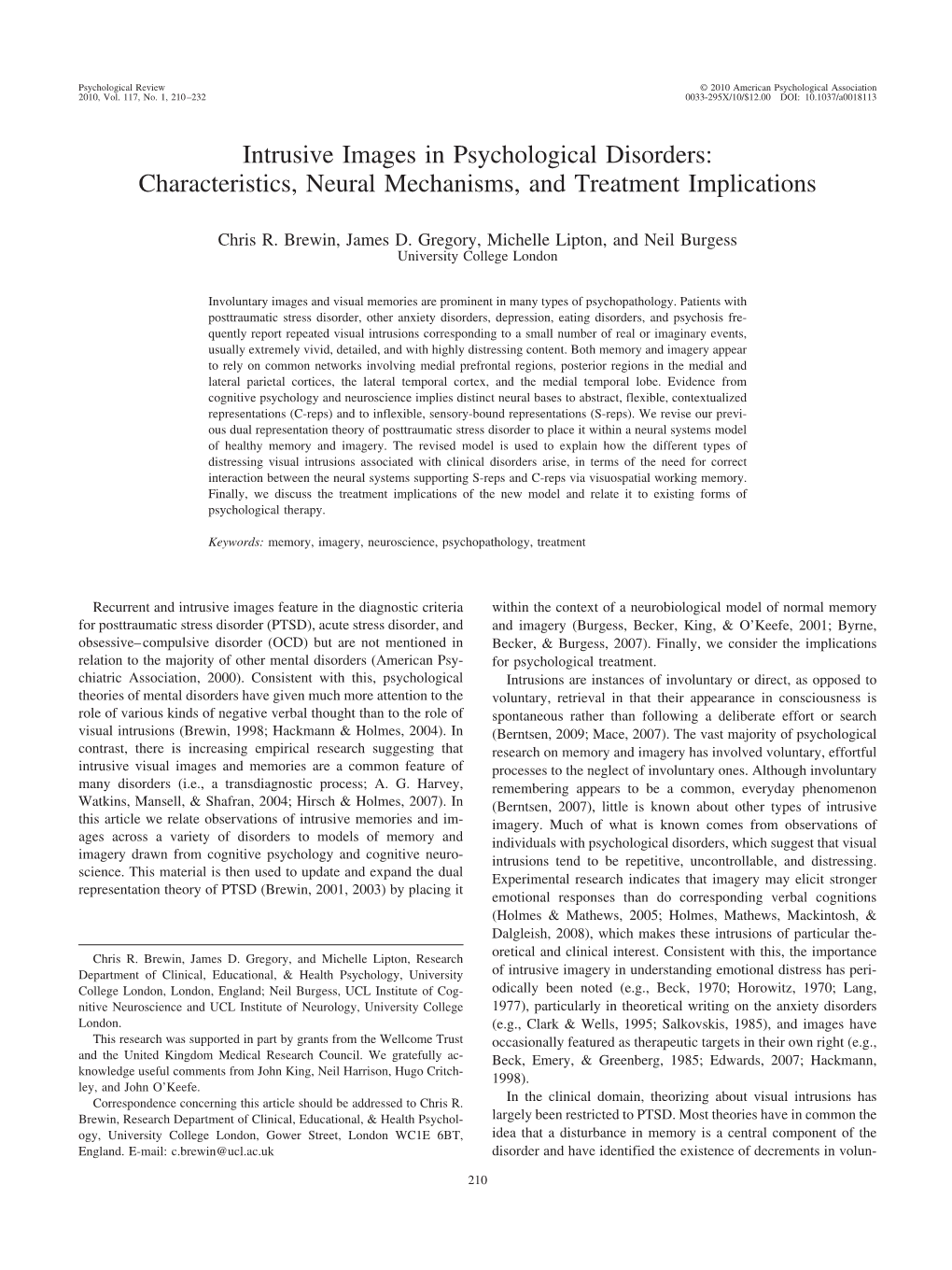 Intrusive Images in Psychological Disorders: Characteristics, Neural Mechanisms, and Treatment Implications