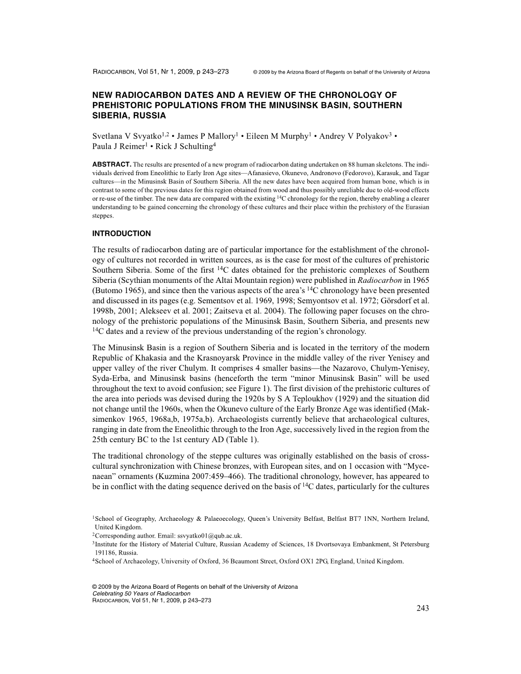 New Radiocarbon Dates and a Review of the Chronology of Prehistoric Populations from the Minusinsk Basin, Southern Siberia, Russia