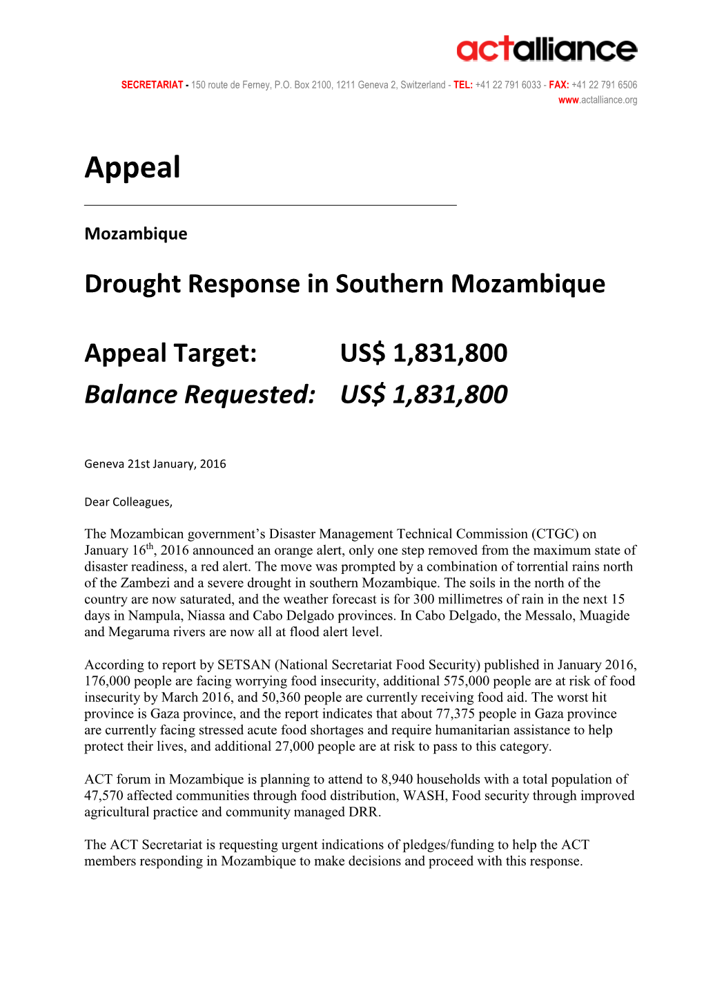 Drought Response in Mozambique Appeal 2016