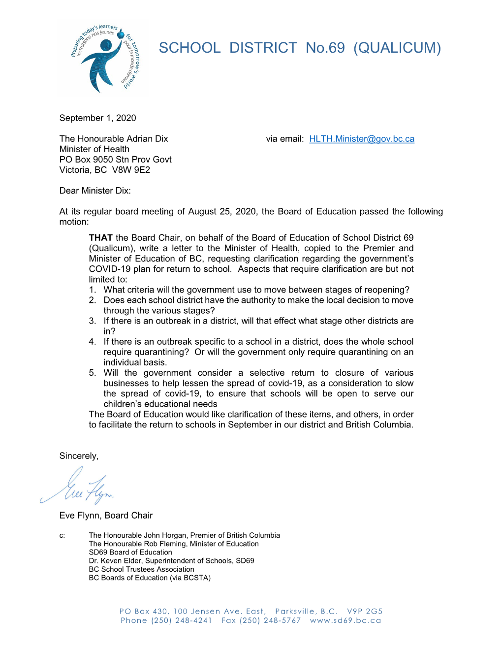 Letter to Minister of Health with Cc to Premier And