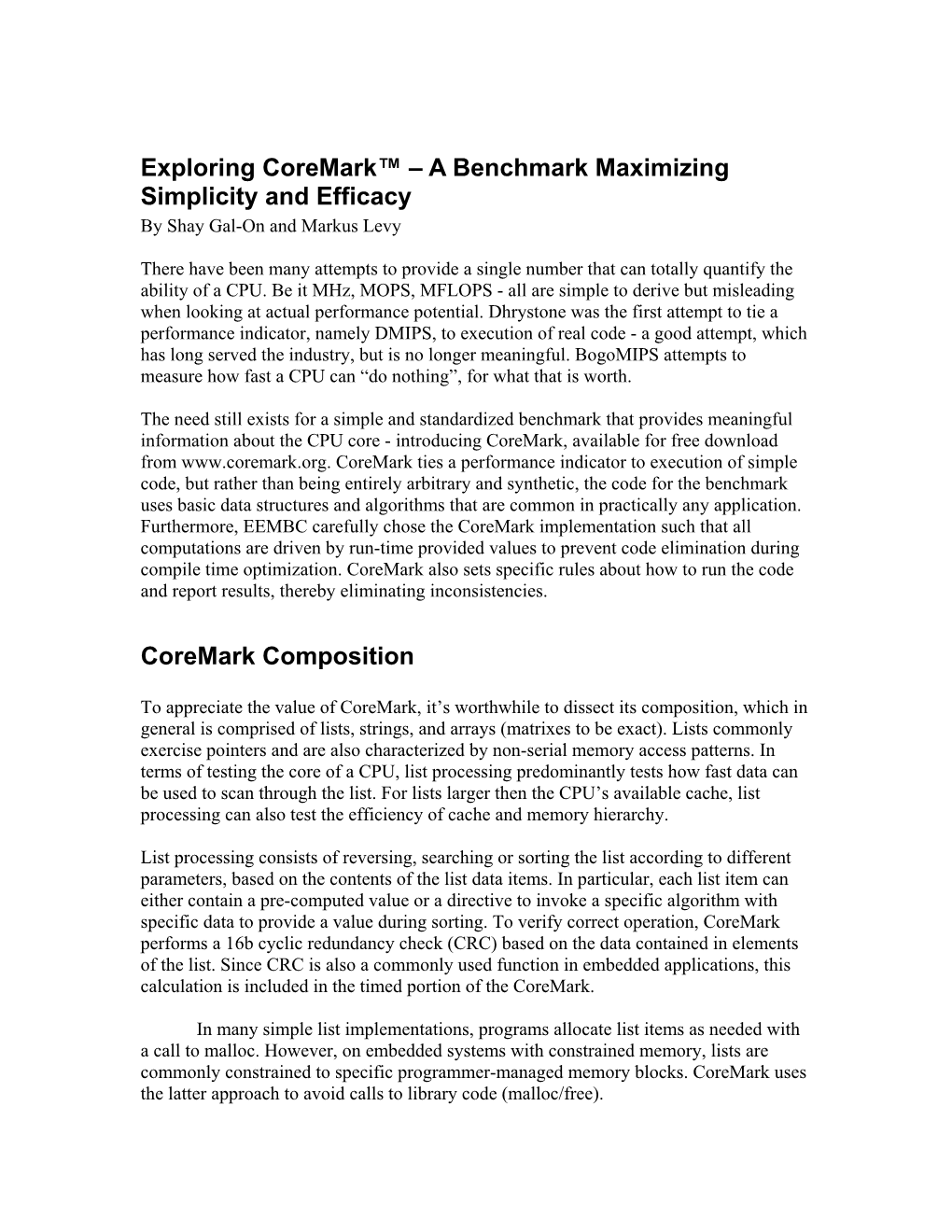 Exploring Coremark™ – a Benchmark Maximizing Simplicity and Efficacy by Shay Gal-On and Markus Levy