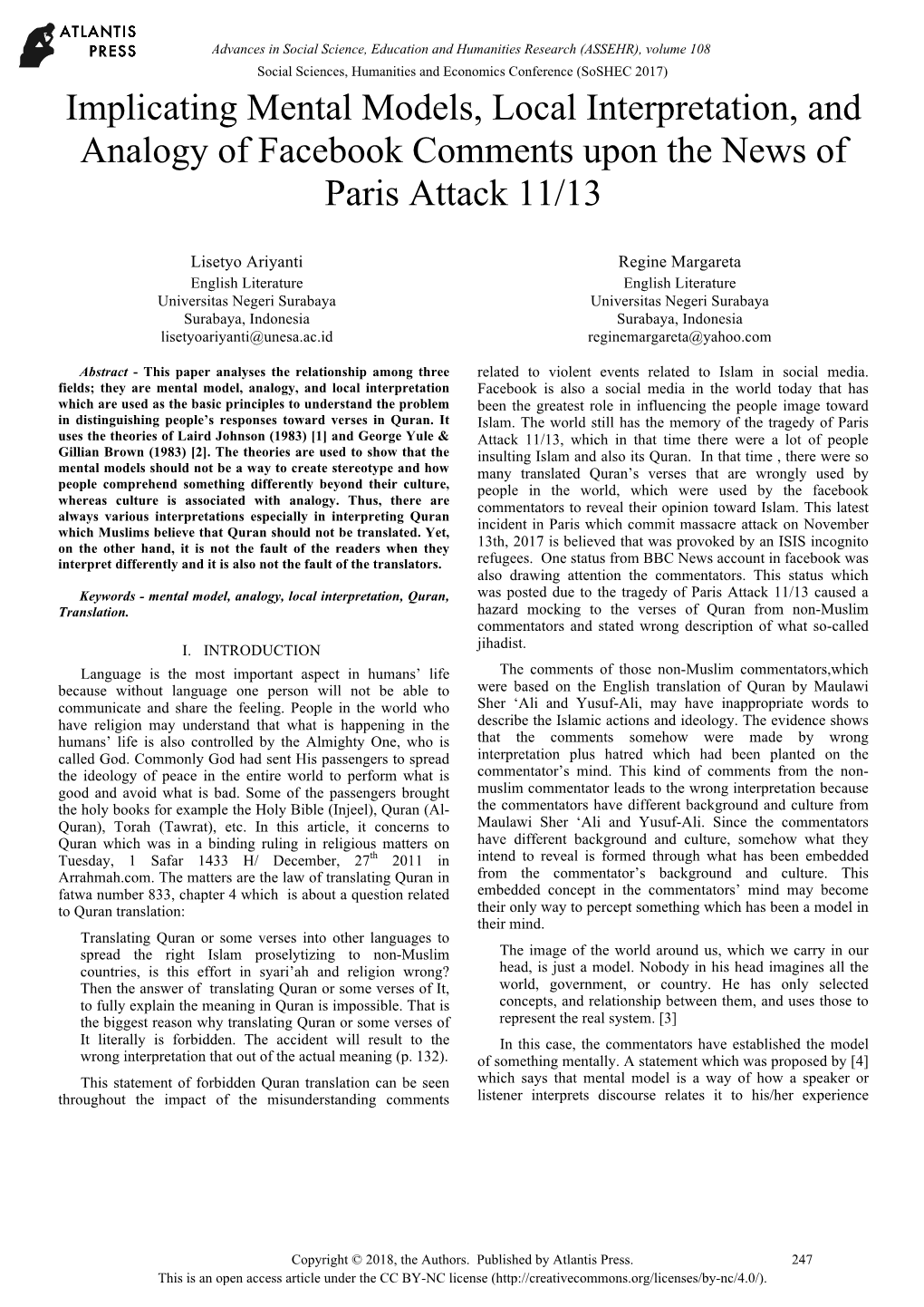 Implicating Mental Models, Local Interpretation, and Analogy of Facebook Comments Upon the News of Paris Attack 11/13