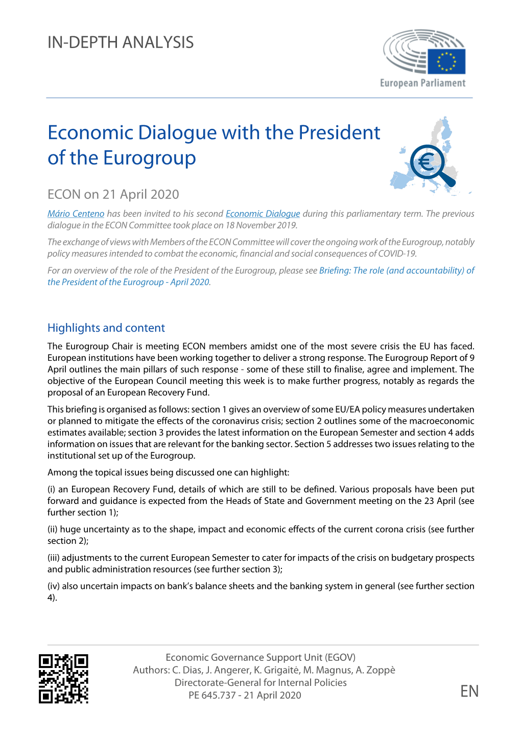 Economic Dialogue with the President of the Eurogroup