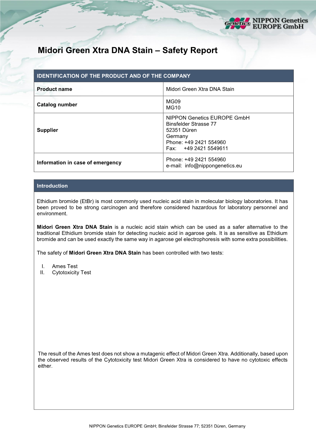 Midori Green Xtra DNA Stain – Safety Report