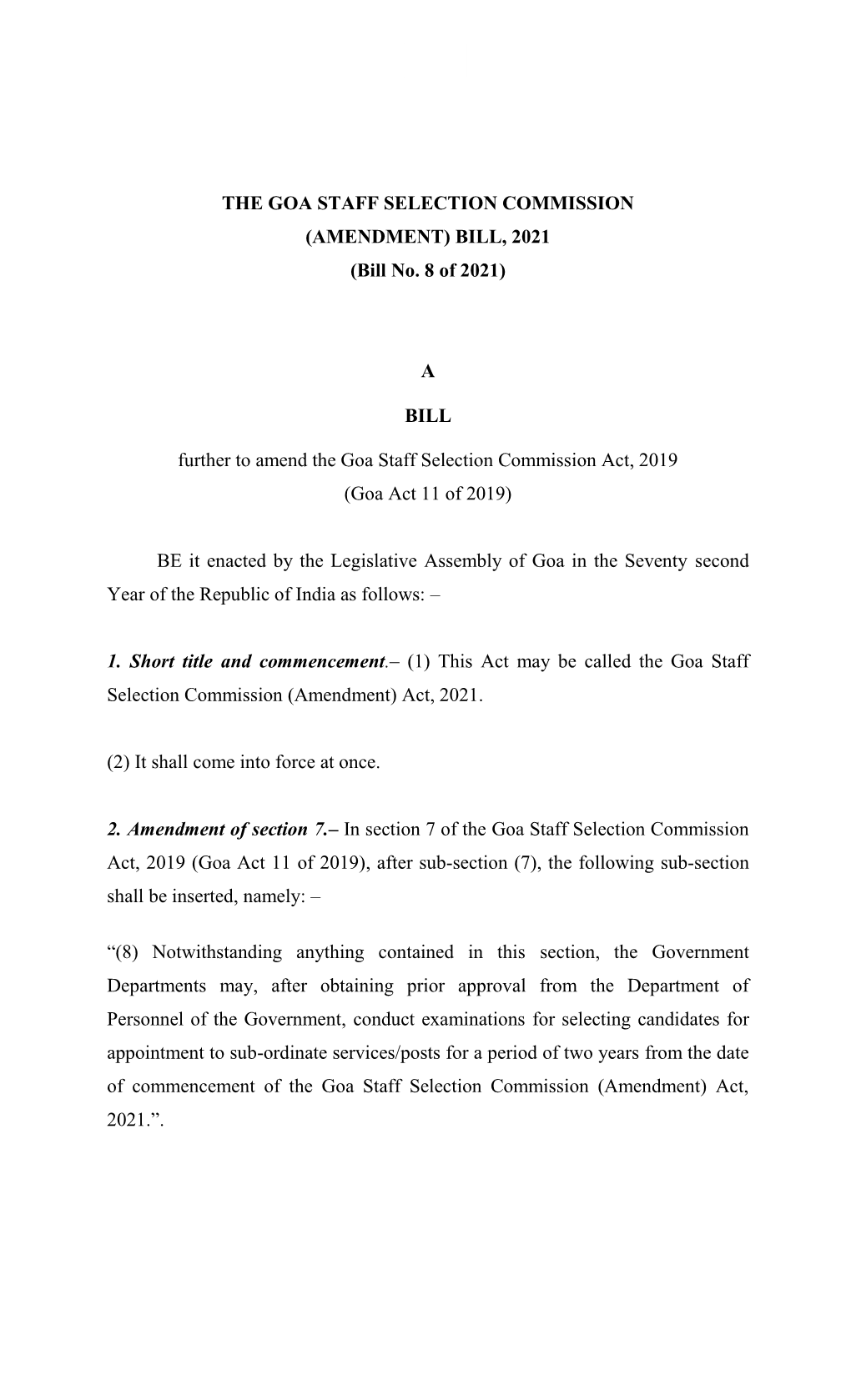THE GOA STAFF SELECTION COMMISSION (AMENDMENT) BILL, 2021 (Bill No