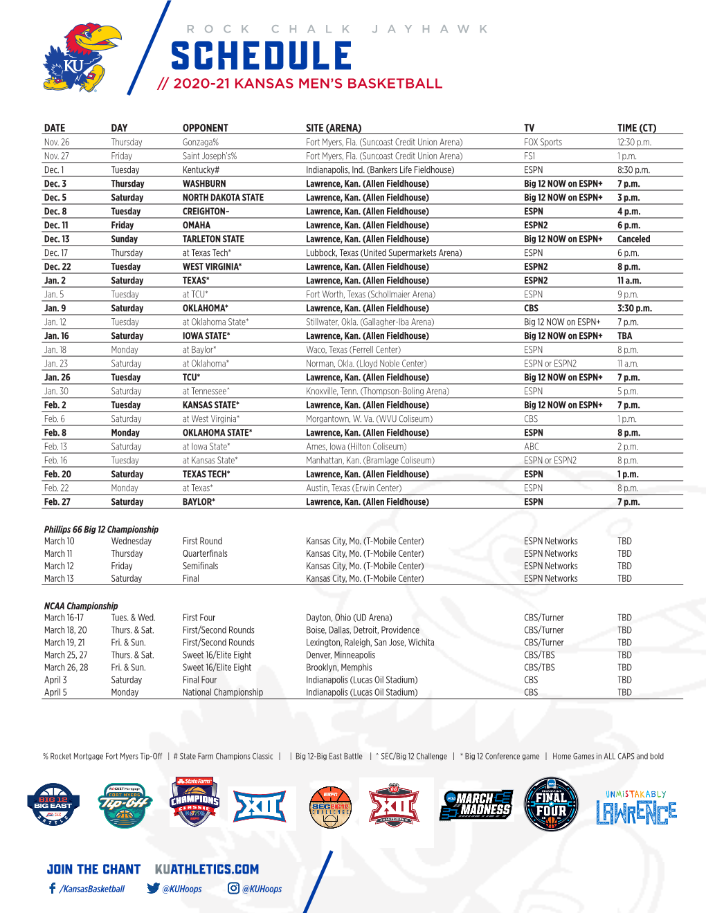 Schedule // 2020-21 Kansas Men’S Basketball