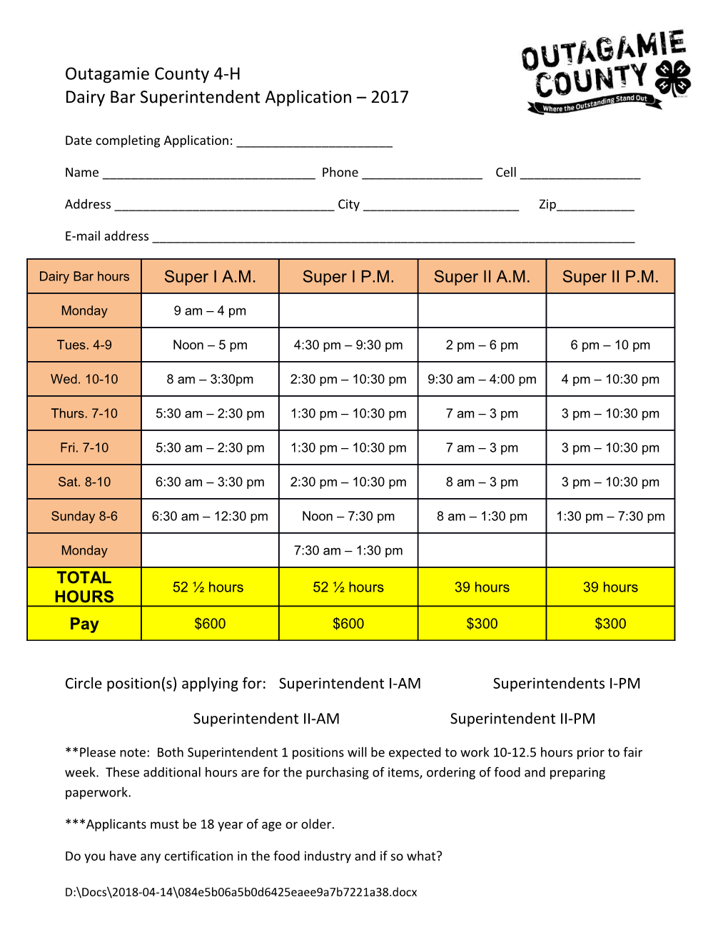 Dairy Bar Superintendent Application 2017