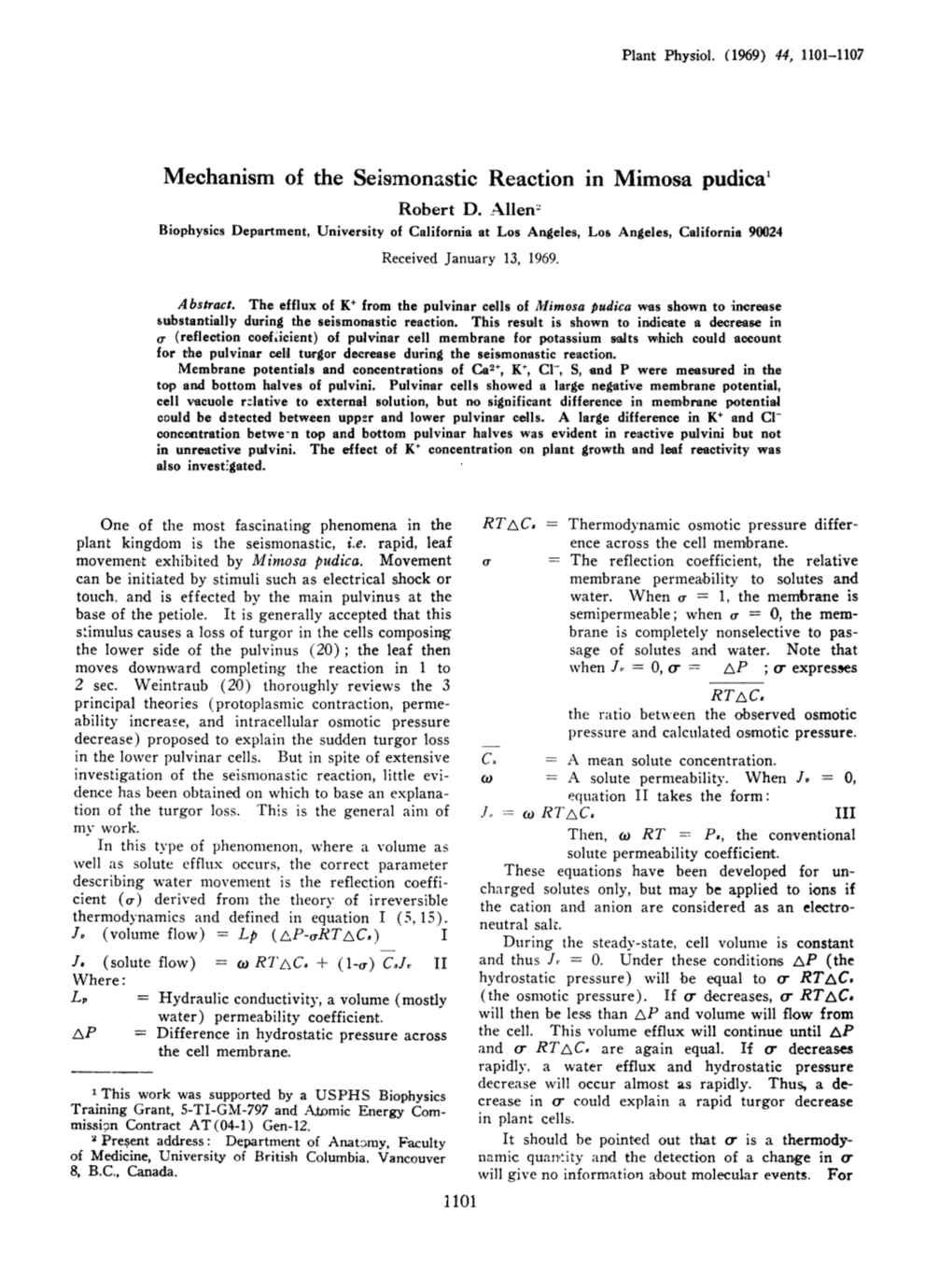 Mechanism of the Seismonastic Reaction in Mimosa Pudica' Robert D