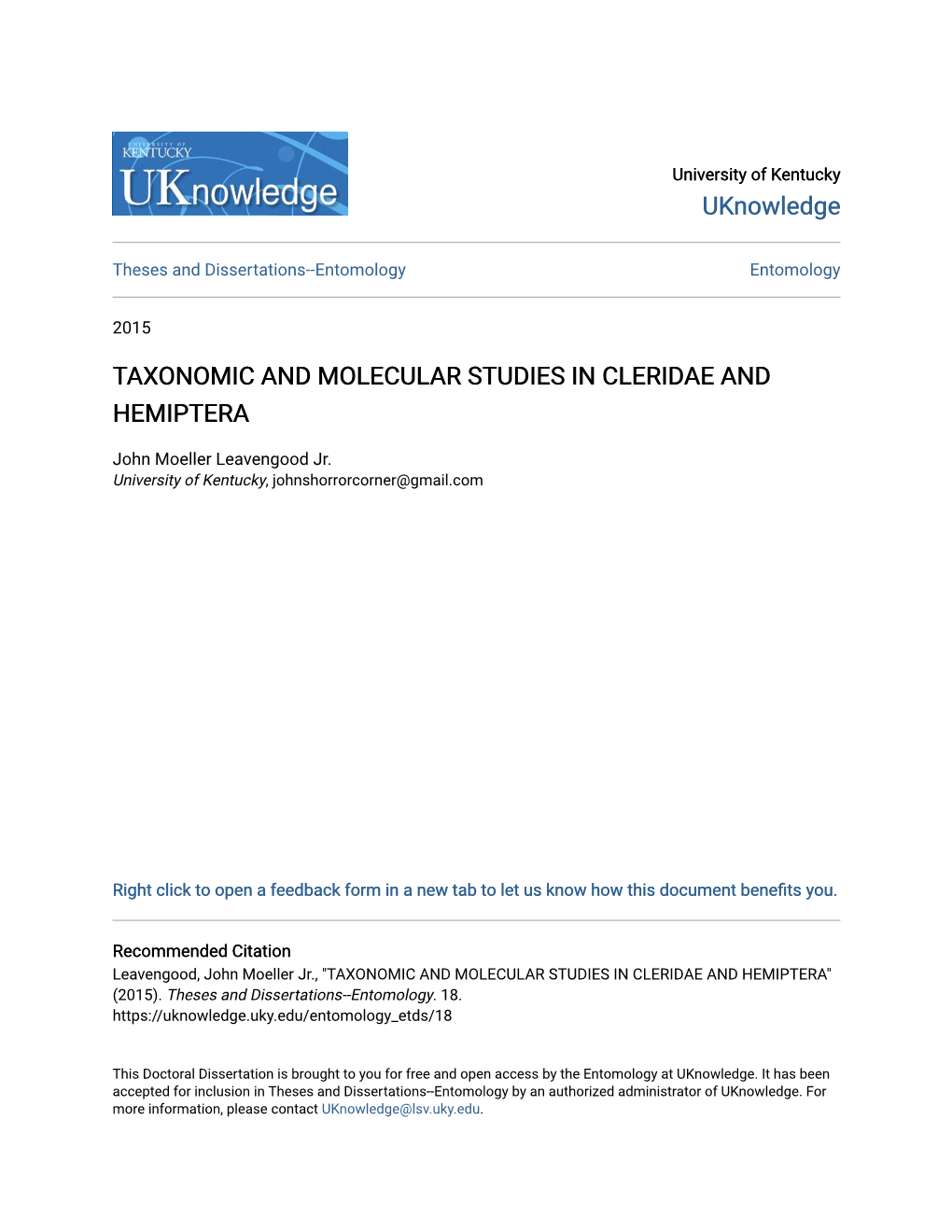 Taxonomic and Molecular Studies in Cleridae and Hemiptera