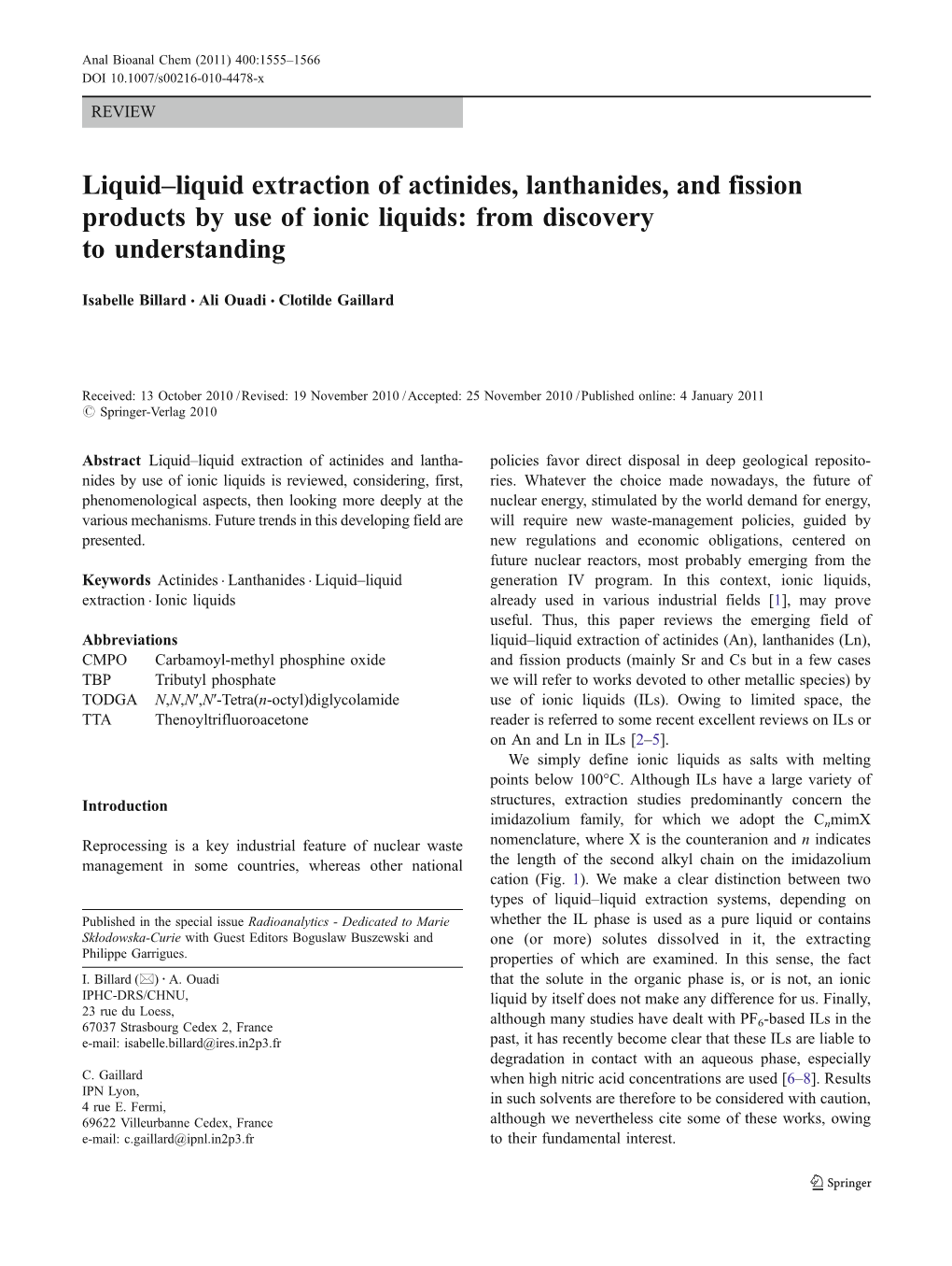 Liquid–Liquid Extraction of Actinides, Lanthanides, and Fission Products by Use of Ionic Liquids: from Discovery to Understanding