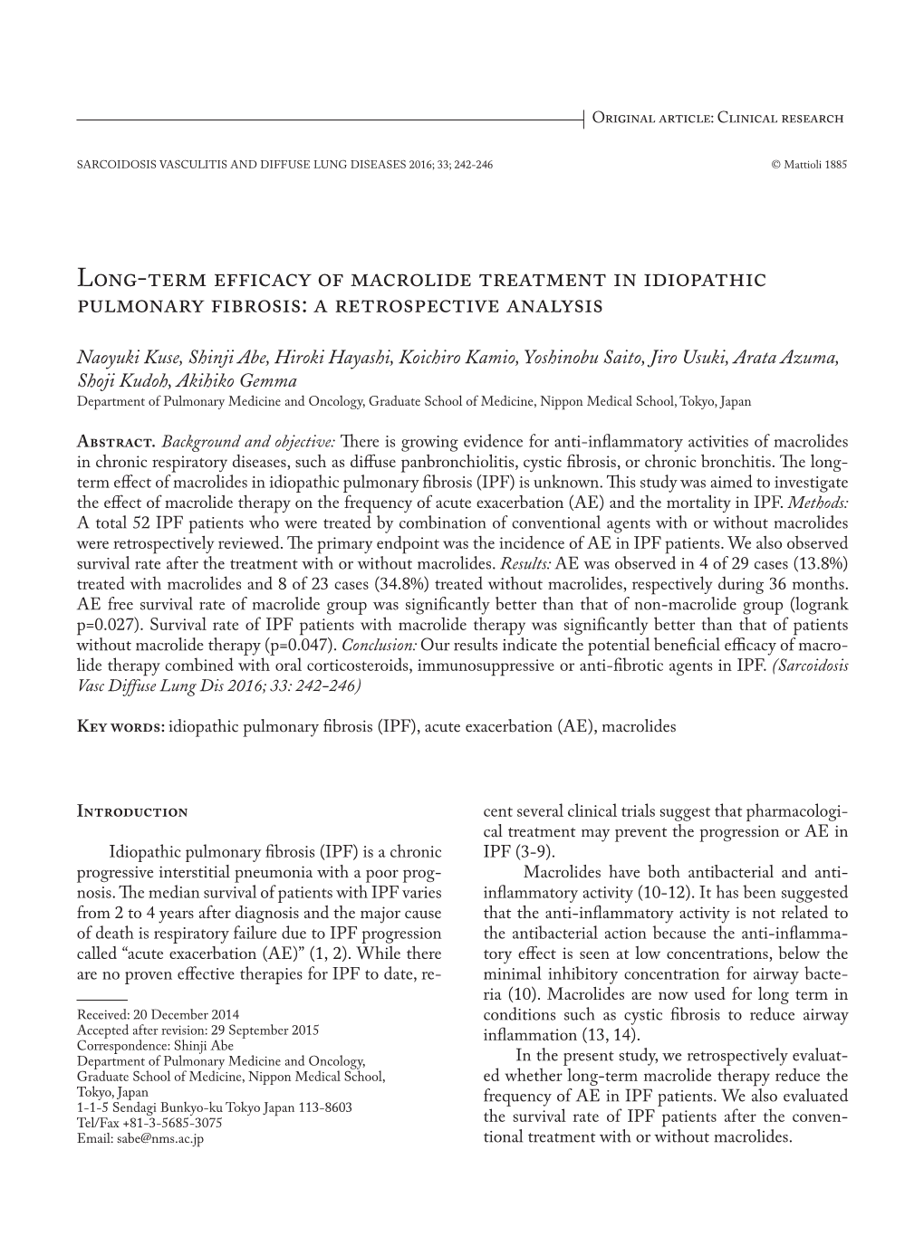 Long-Term Efficacy of Macrolide Treatment in Idiopathic Pulmonary Fibrosis: a Retrospective Analysis