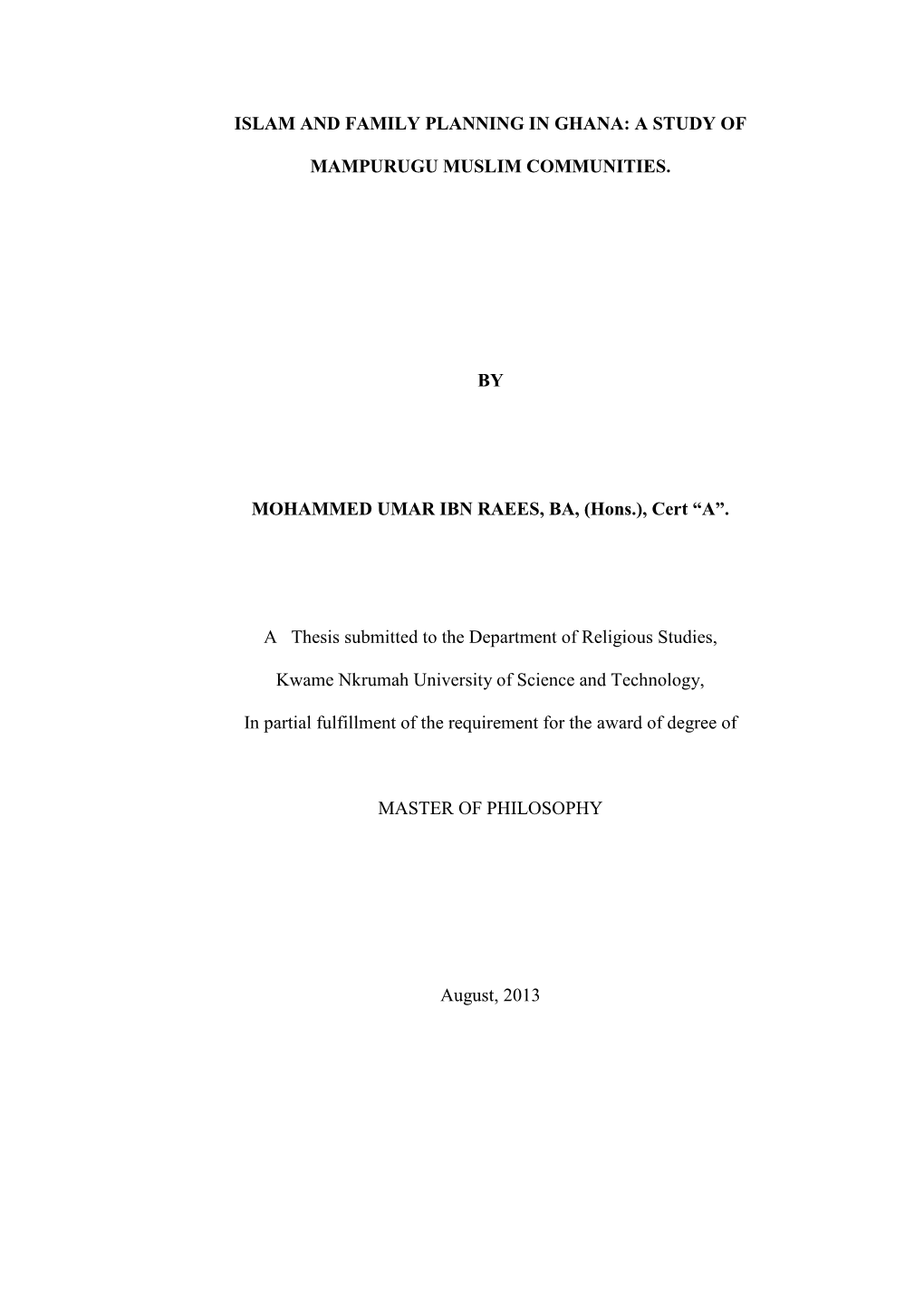 Islam and Family Planning in Ghana: a Study Of