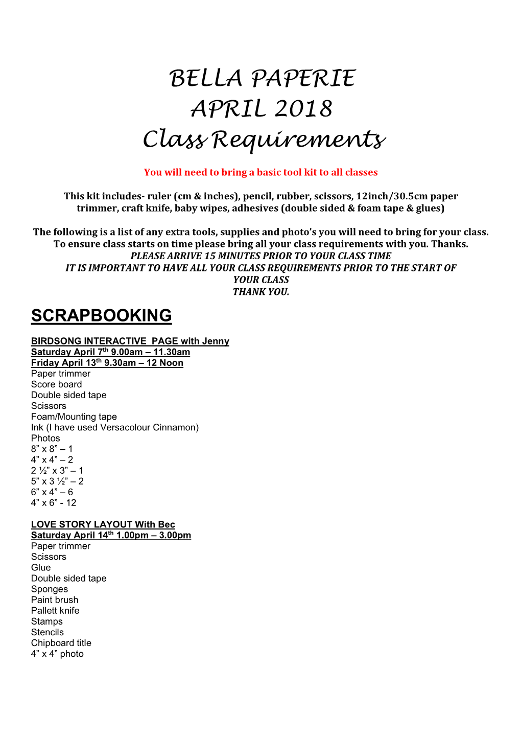 BELLA PAPERIE APRIL 2018 Class Requirements