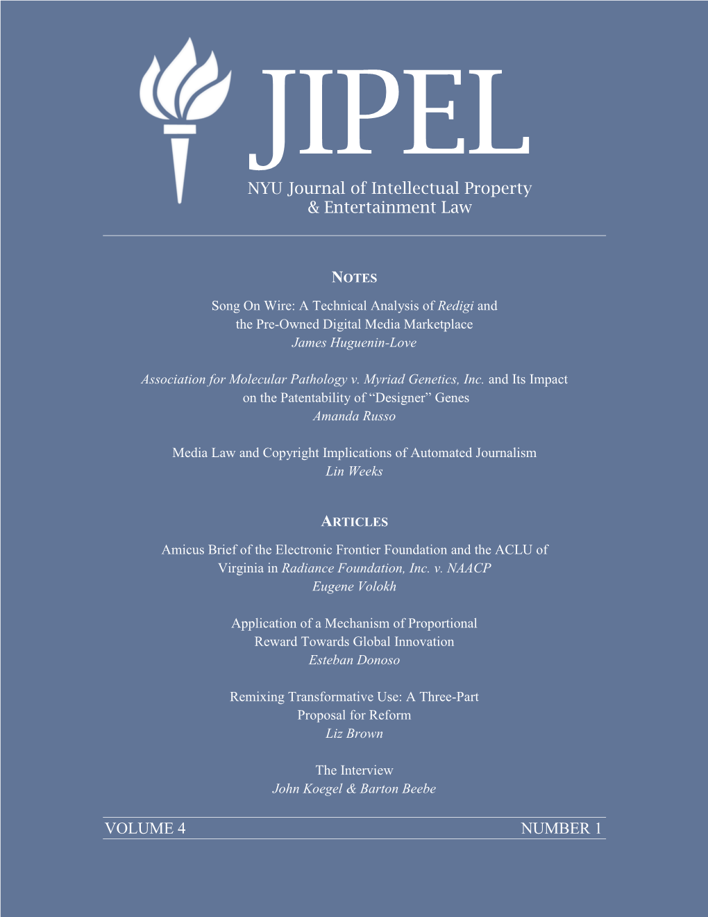 VOLUME 4 NUMBER 1 NYU Journal of Intellectual Property
