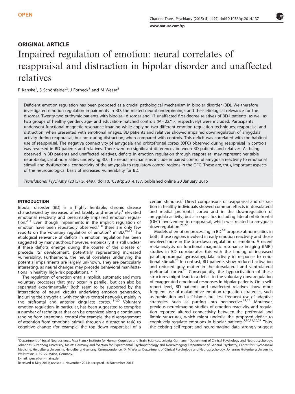 Impaired Regulation of Emotion: Neural Correlates of Reappraisal and Distraction in Bipolar Disorder and Unaffected Relatives