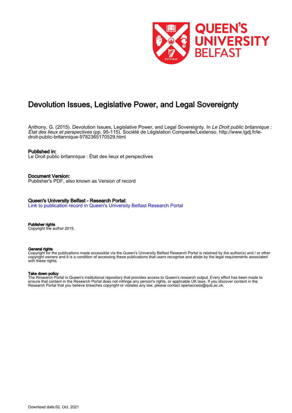 Devolution Issues, Legislative Power, and Legal Sovereignty