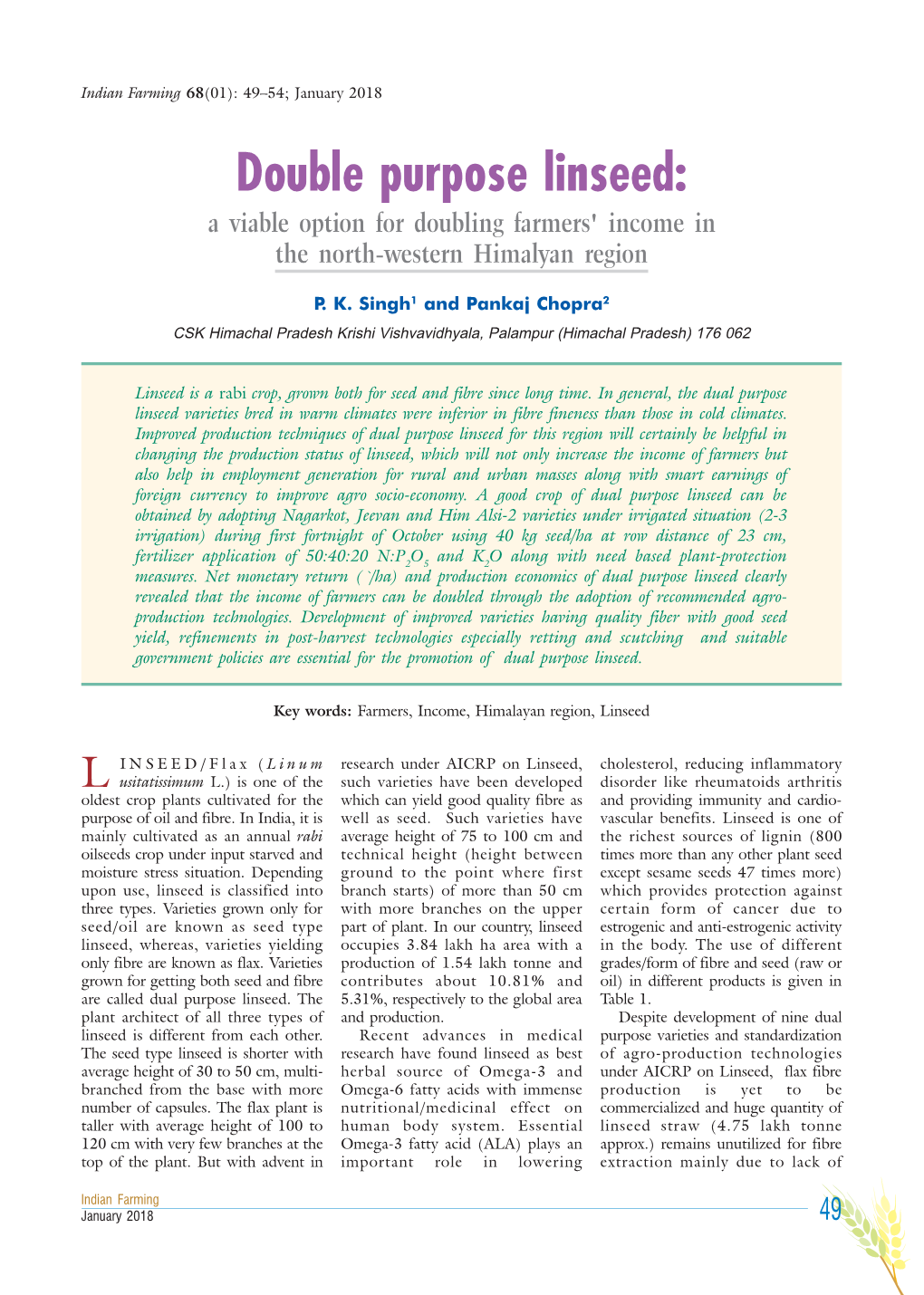 Double Purpose Linseed: a Viable Option for Doubling Farmers' Income in the North-Western Himalyan Region